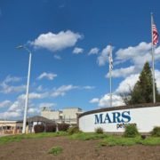 Mars Petcare building exterior with flagpoles and a blue, sunny sky