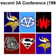 Crescent 3A Conference (1994) title over a 2x3 grid of six team logos showing Viking, blue circular symbol, red jagged emblem, bulldog with chain, shielded S, and a second Viking logo.