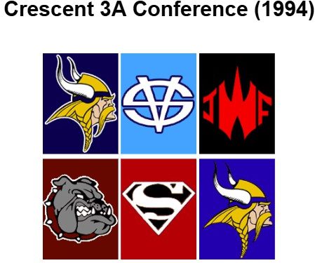 Crescent 3A Conference (1994) title over a 2x3 grid of six team logos showing Viking, blue circular symbol, red jagged emblem, bulldog with chain, shielded S, and a second Viking logo.