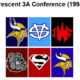 Crescent 3A Conference (1994) title over a 2x3 grid of six team logos showing Viking, blue circular symbol, red jagged emblem, bulldog with chain, shielded S, and a second Viking logo.