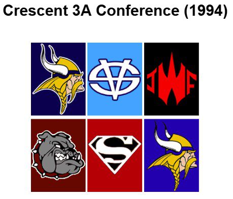 Crescent 3A Conference (1994) title over a 2x3 grid of six team logos showing Viking, blue circular symbol, red jagged emblem, bulldog with chain, shielded S, and a second Viking logo.