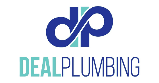 Logo for Deal Plumbing featuring a dark blue 'dp' monogram with a teal vertical accent and the words 'DEAL PLUMBING' in teal and navy blue