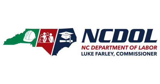 NC Department of Labor logo with North Carolina outline, three icons, and the text 'NCDOL' and 'Luke Farley, Commissioner'